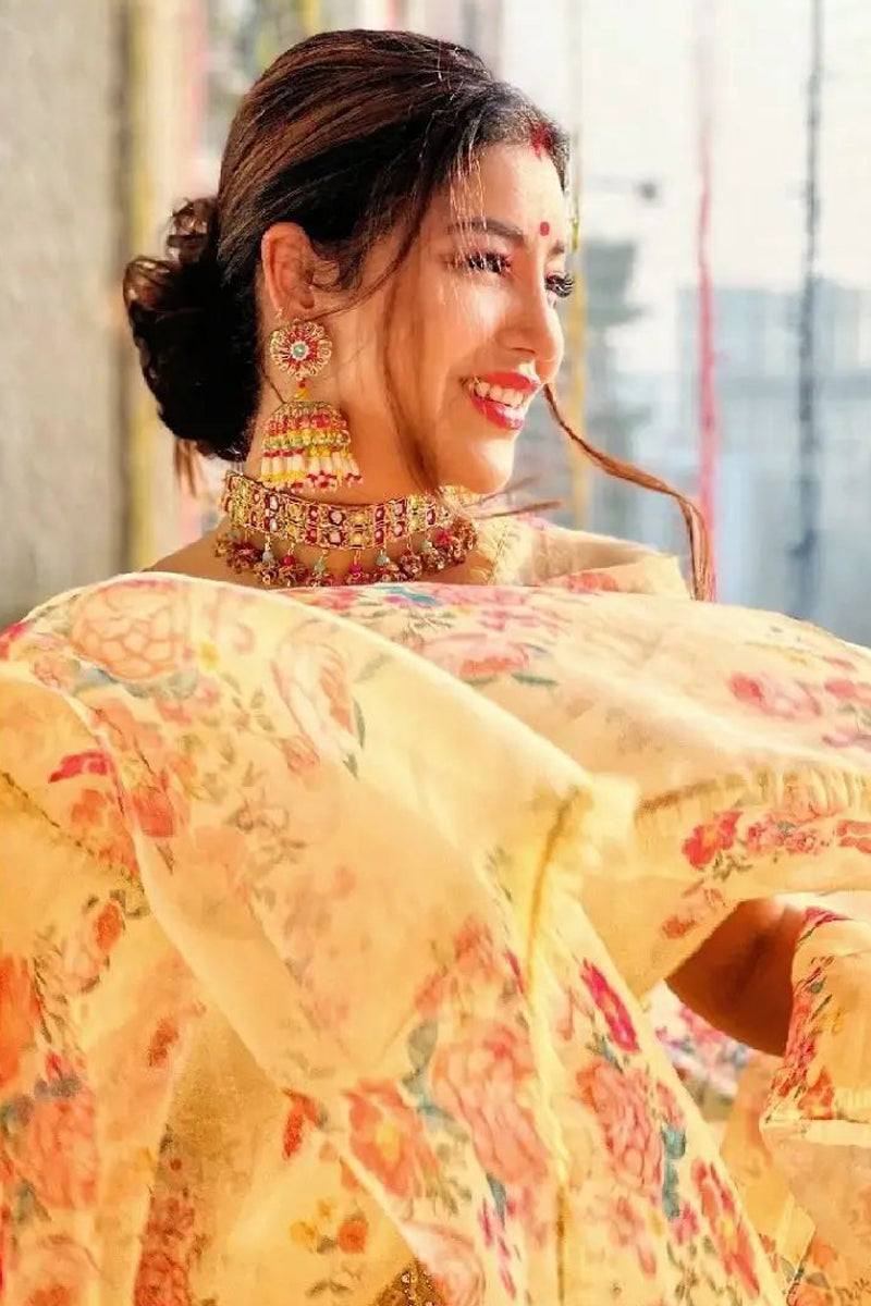 Devoleena in Bright Yellow Net Peplum With Georgette Mokaish Lehenga