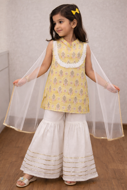 Yellow Hand Block Printed Cotton Sharara Suit