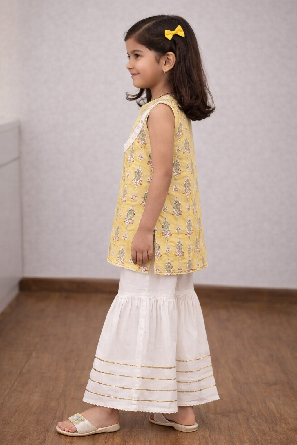 Yellow block print kurta with white garara set