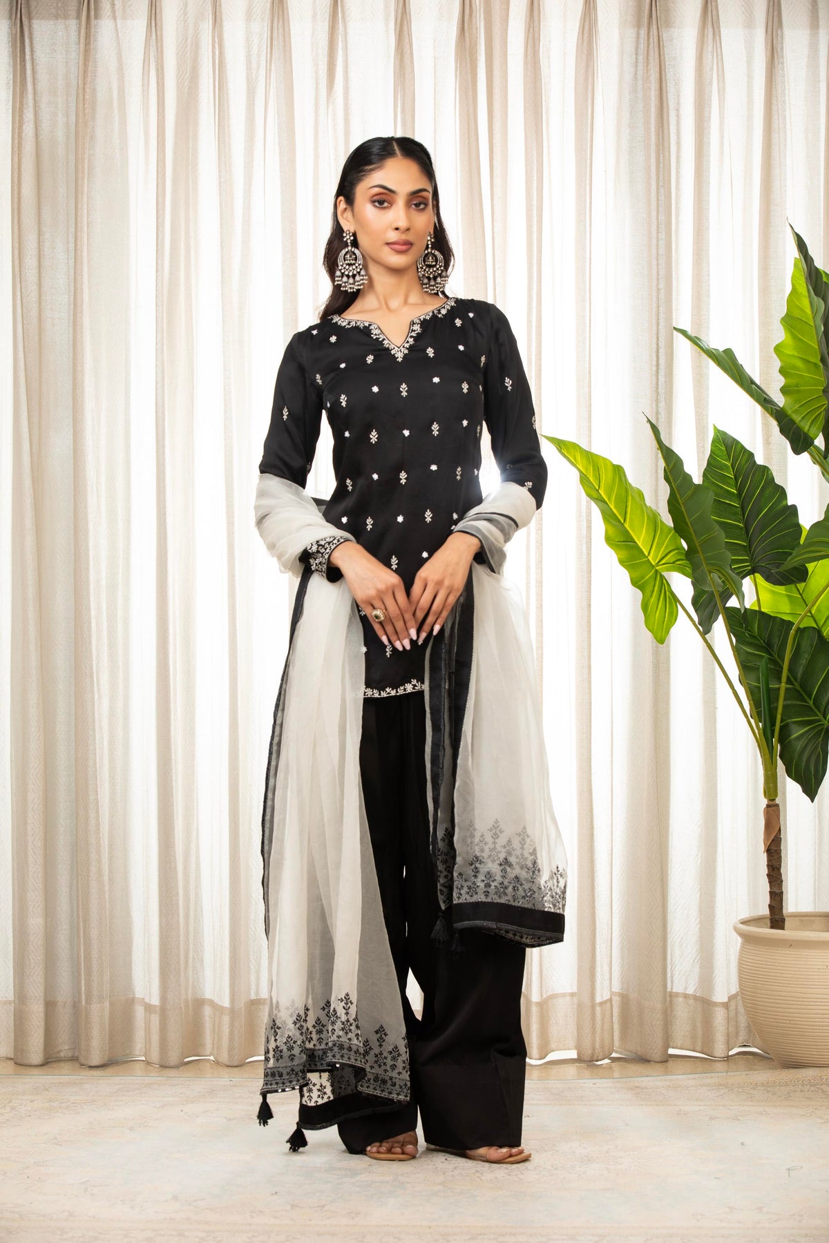 White On Black Kurta Set