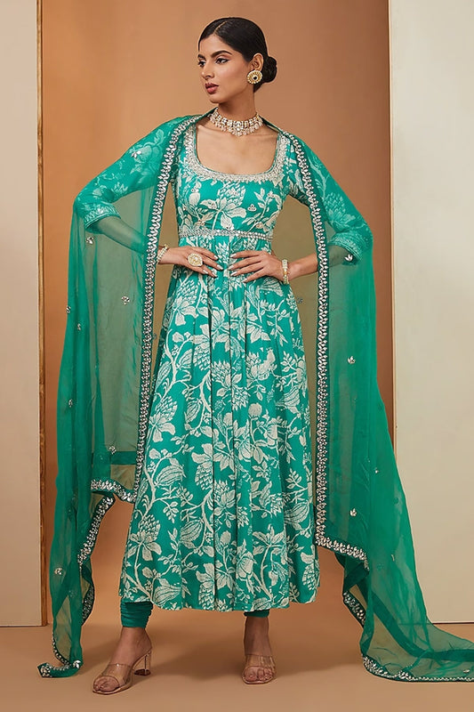 Teal anarkali  set
