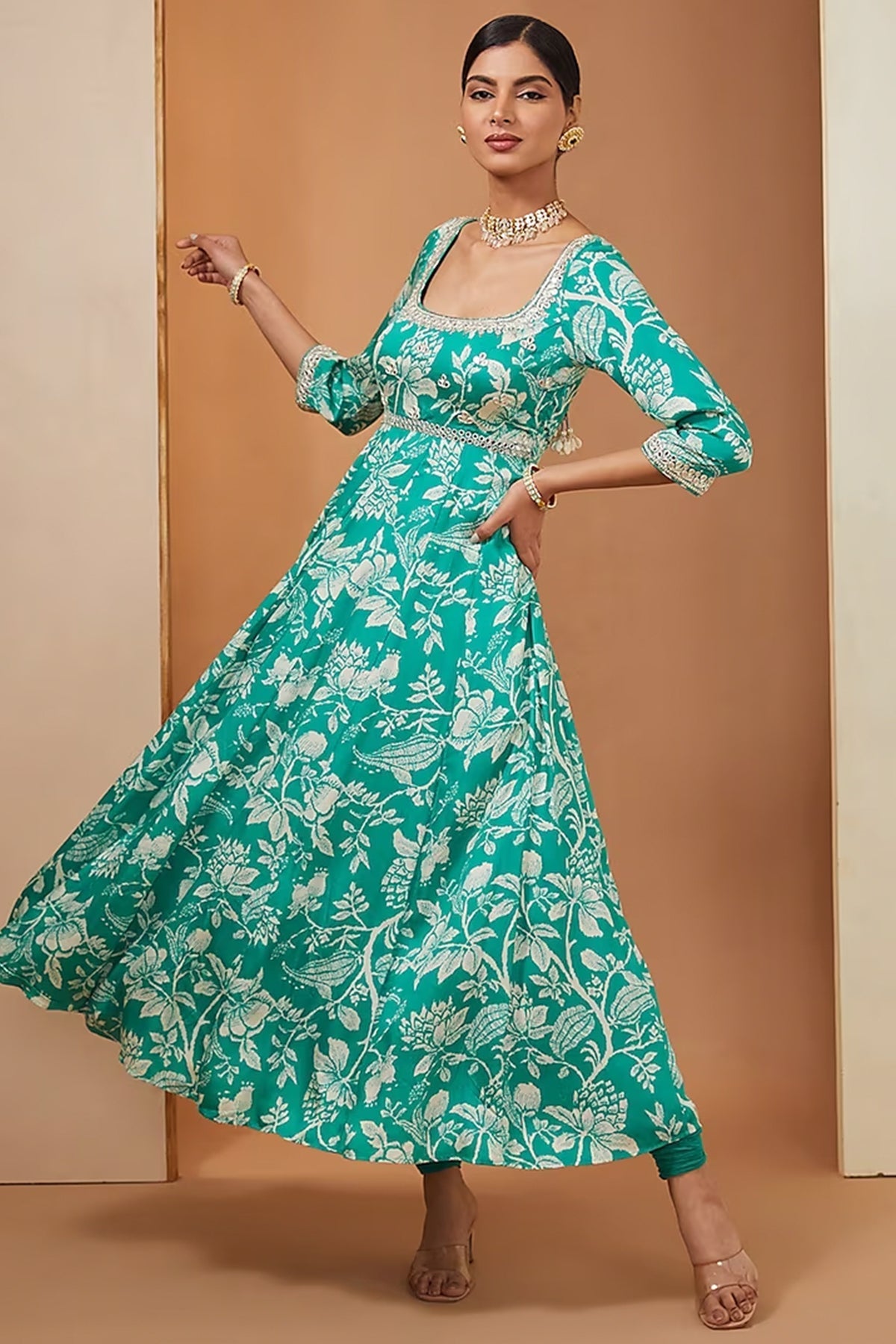 Teal anarkali  set