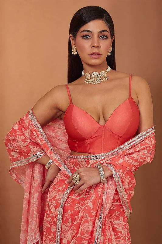 gajari printed saree with corset blouse