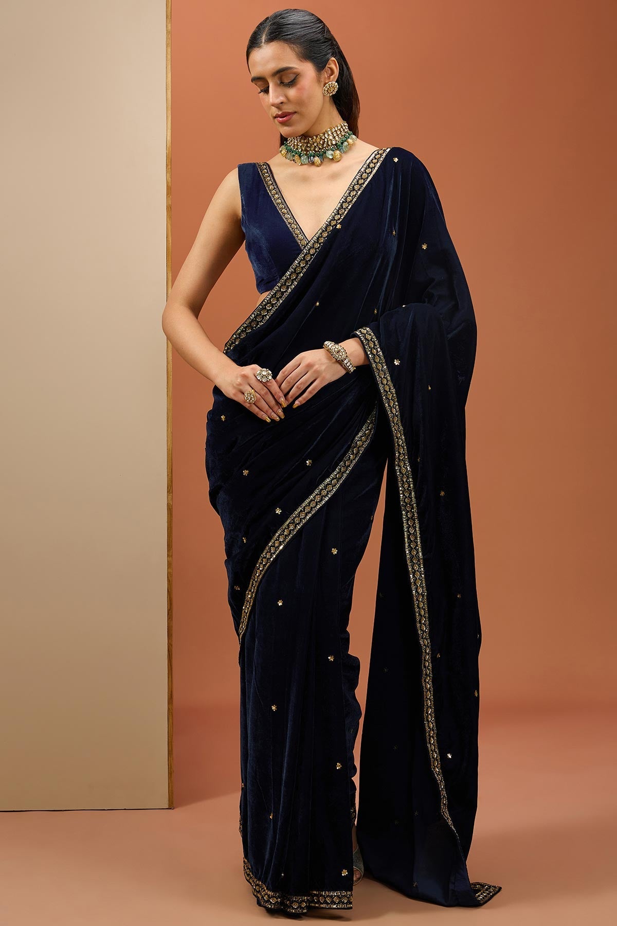 Blue Velvet Saree Set