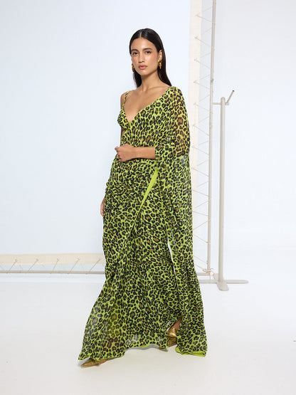 Green Leopard Print Saree