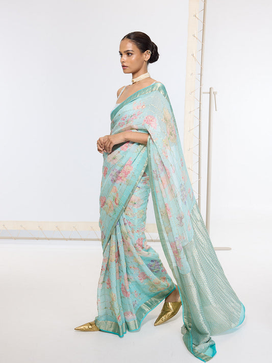 Handwoven Aqua Blue Printed Saree