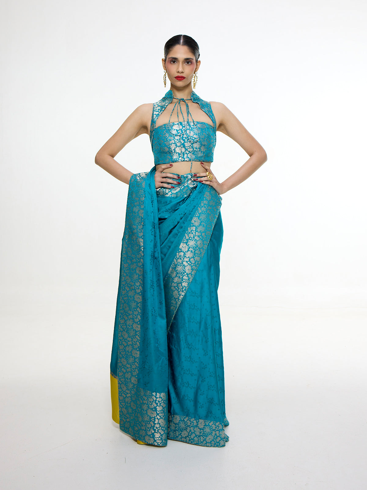 Handwoven Coral Blue Saree