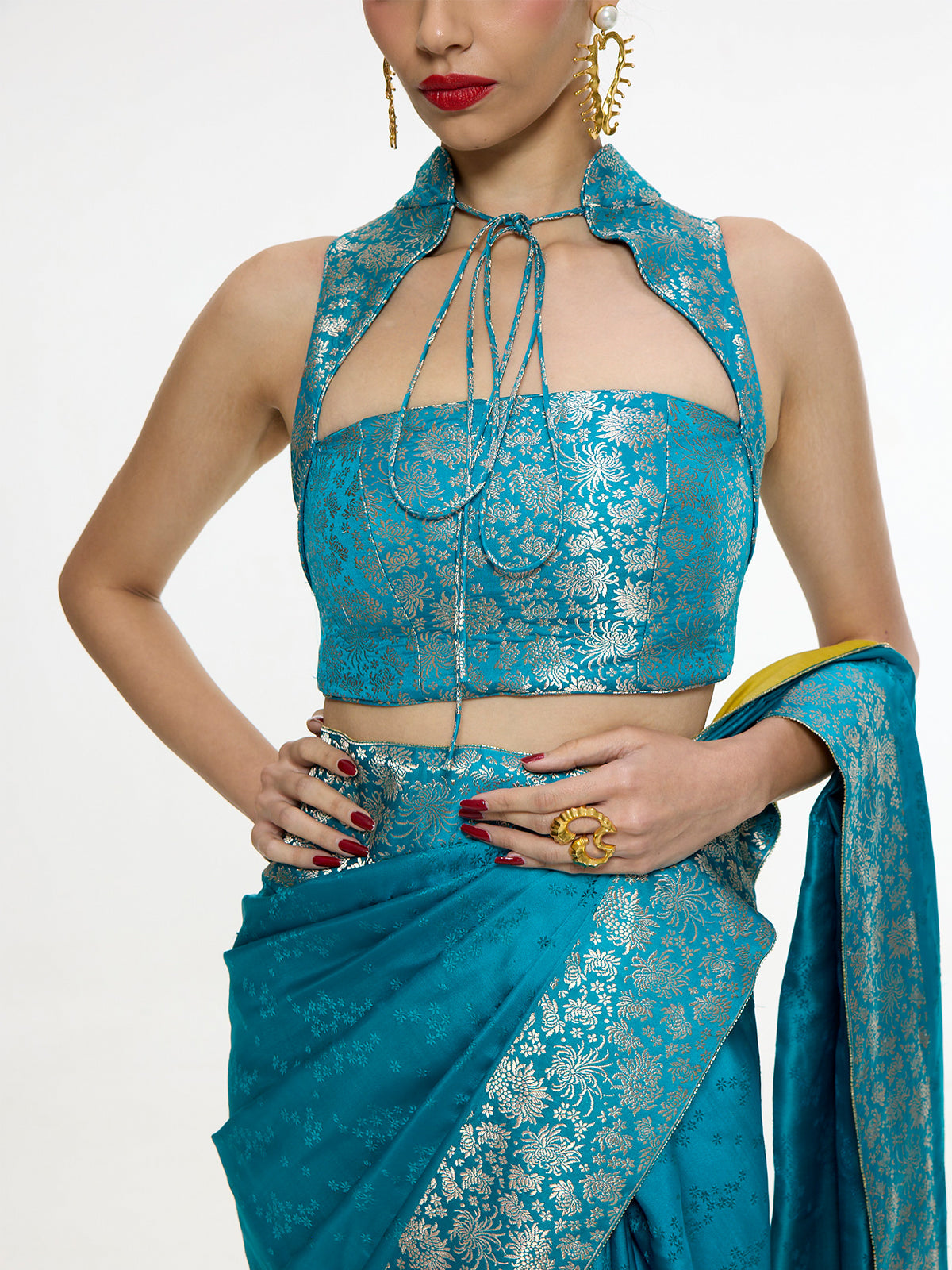 Handwoven Coral Blue Saree
