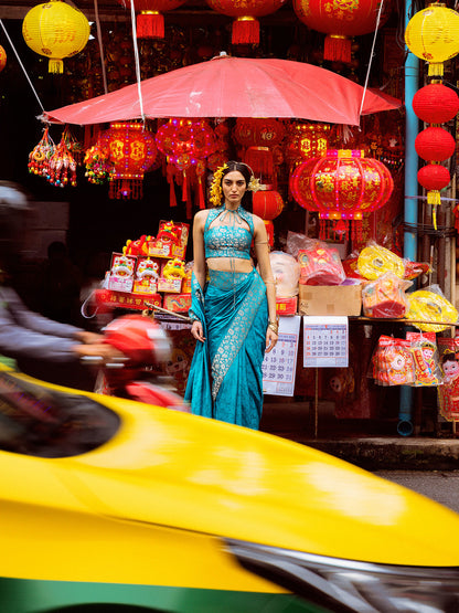 Handwoven Coral Blue Saree