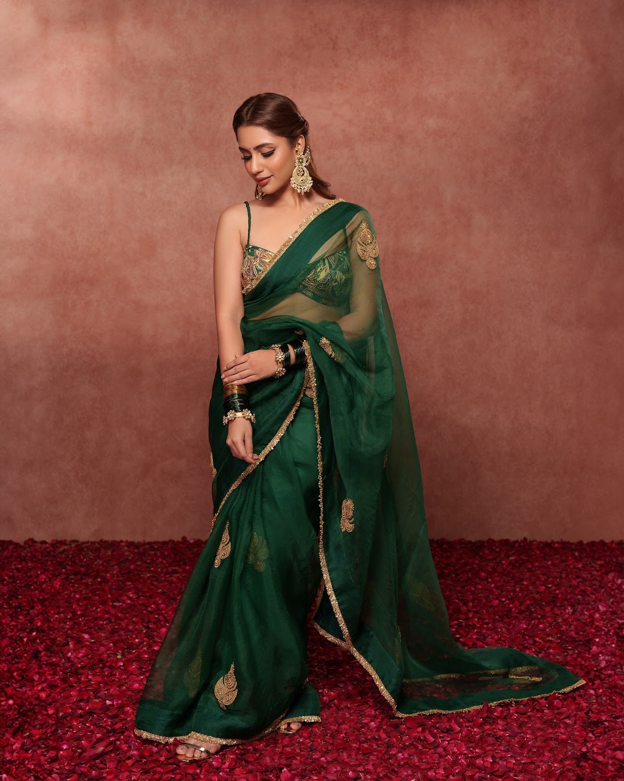 Emerald Green Organza Hand Embroidered Saree