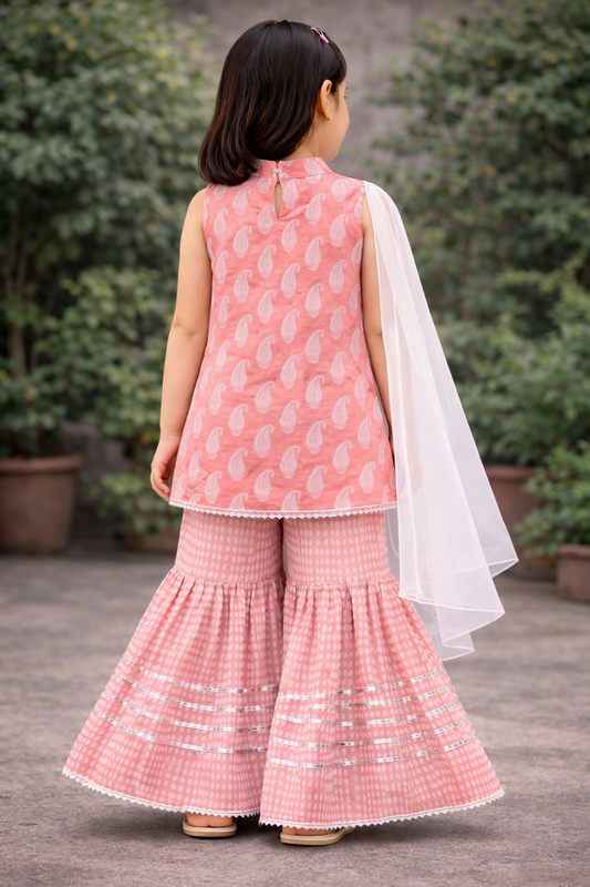 Peach Hand Block Printed Cotton Sharara Suit