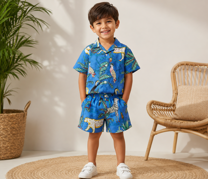 Blue tropical printed short set