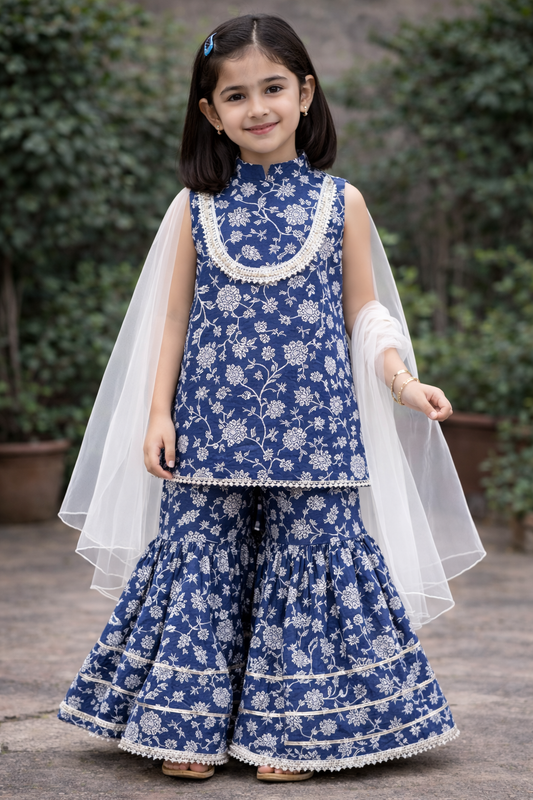 Navy Blue Hand Block Printed Cotton Sharara Suit