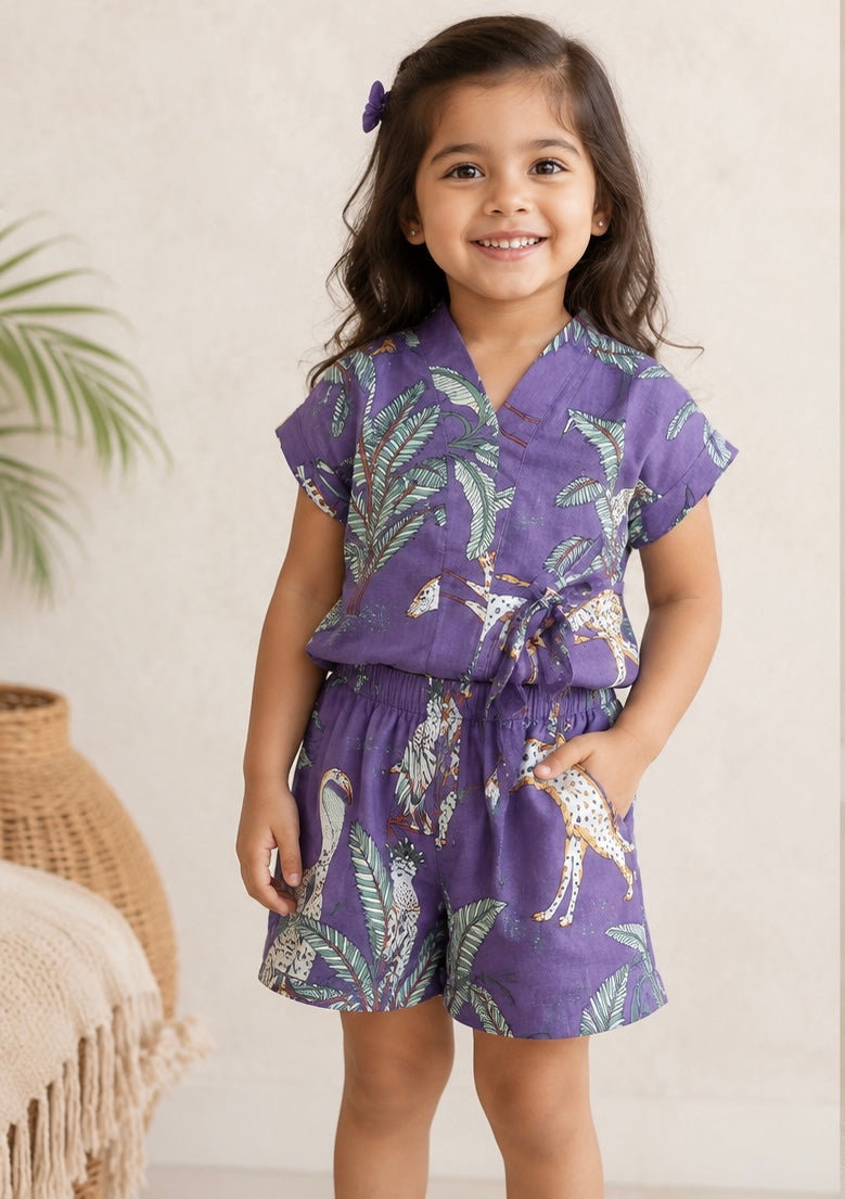 Purple jungle printed drawstring cordset