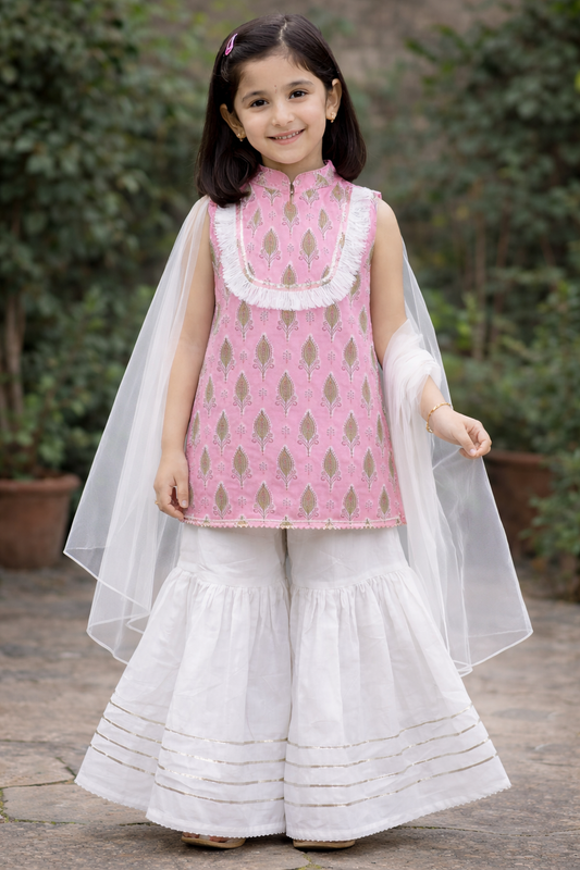 Pink Hand Block Printed Cotton Sharara Suit