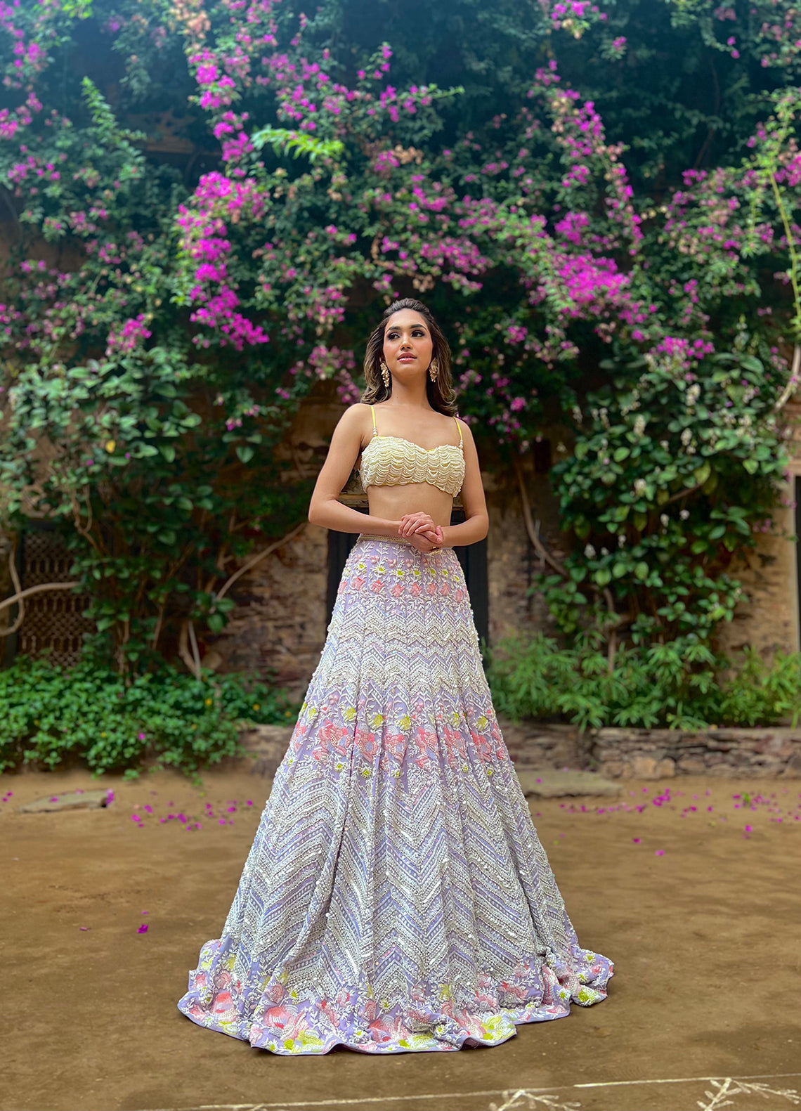 Full front view of Alara Mermaid Metallic Georgette Lehenga