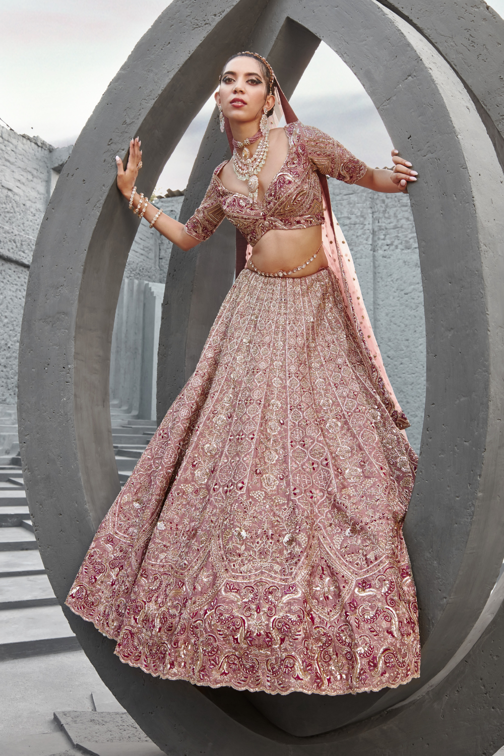 Full front view of Raw Silk Butterfly Net Aiza Bridal Lehenga Set