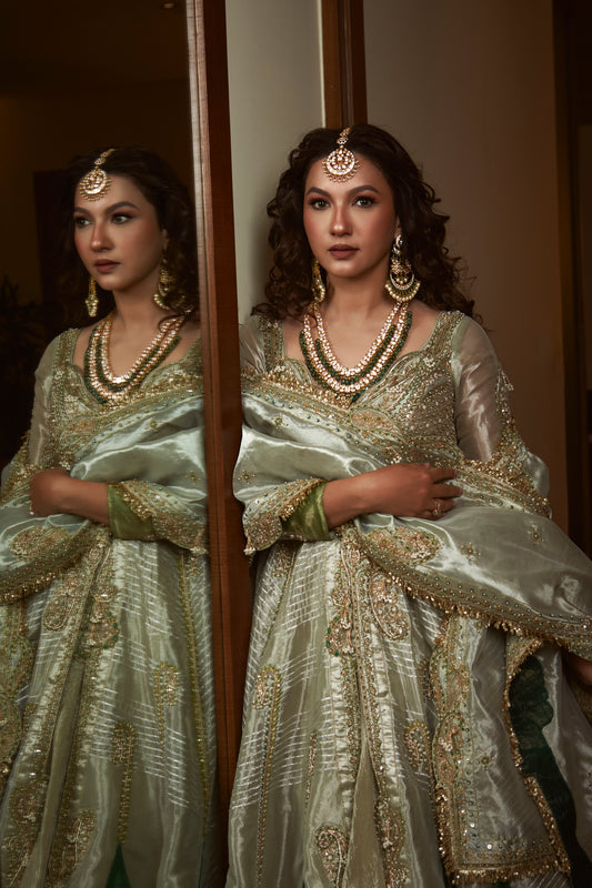Gauhar Khan in our Pearl gold silk zari tissue jacket with skirt set