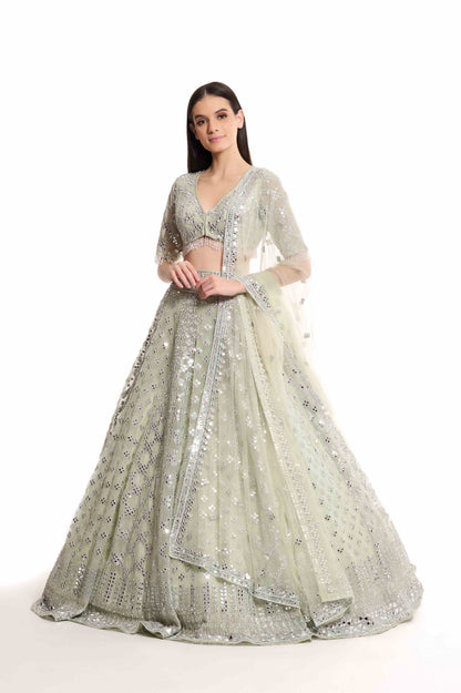 green mirror lehenga