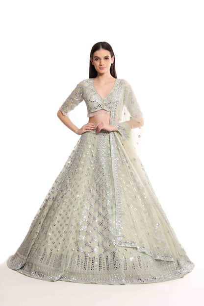Green mirror work lehenga