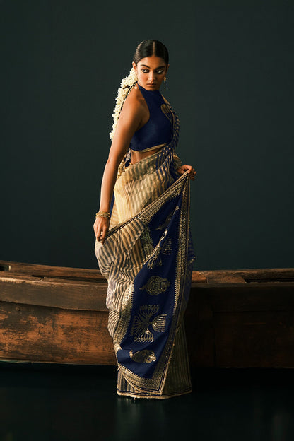 Blue Backwater Postcard Stripe Saree