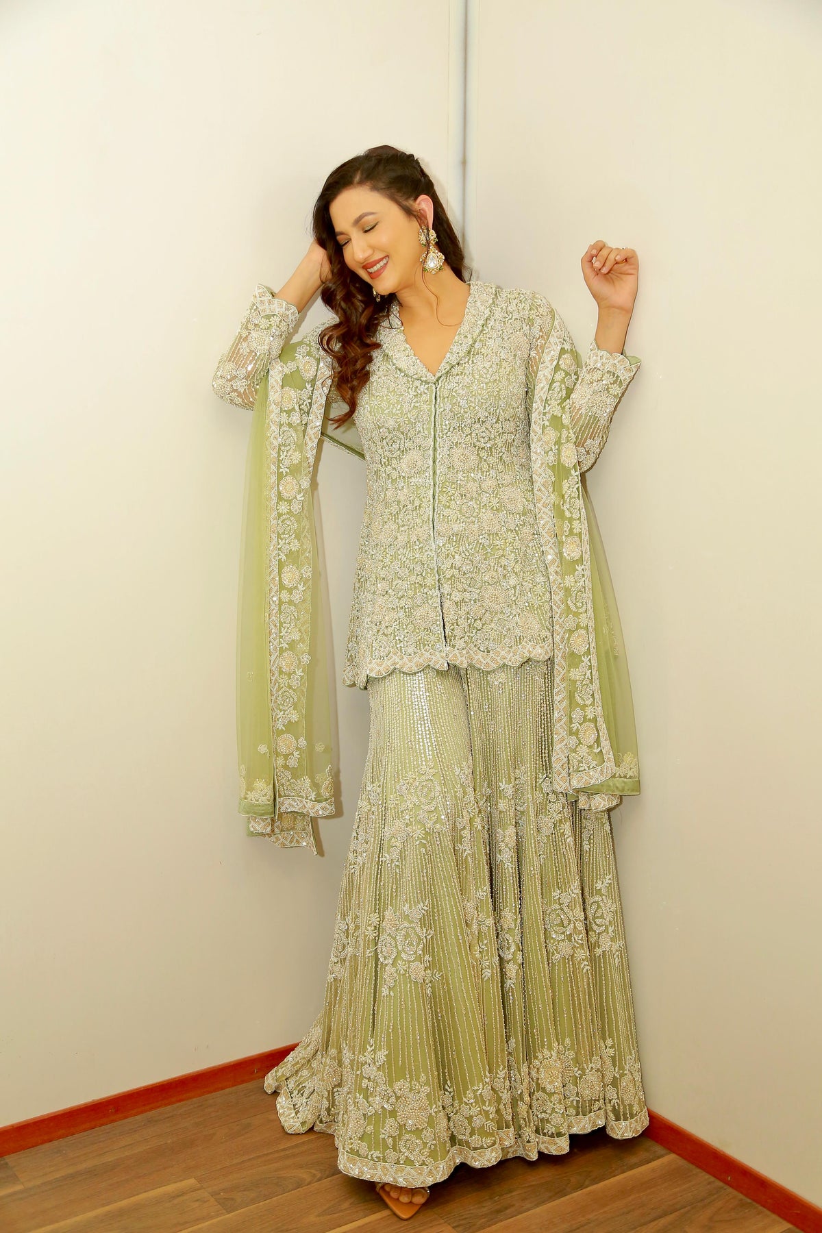 Gauahar Khan In CARDAMOM COLOUR HEAVY SHARARA SET