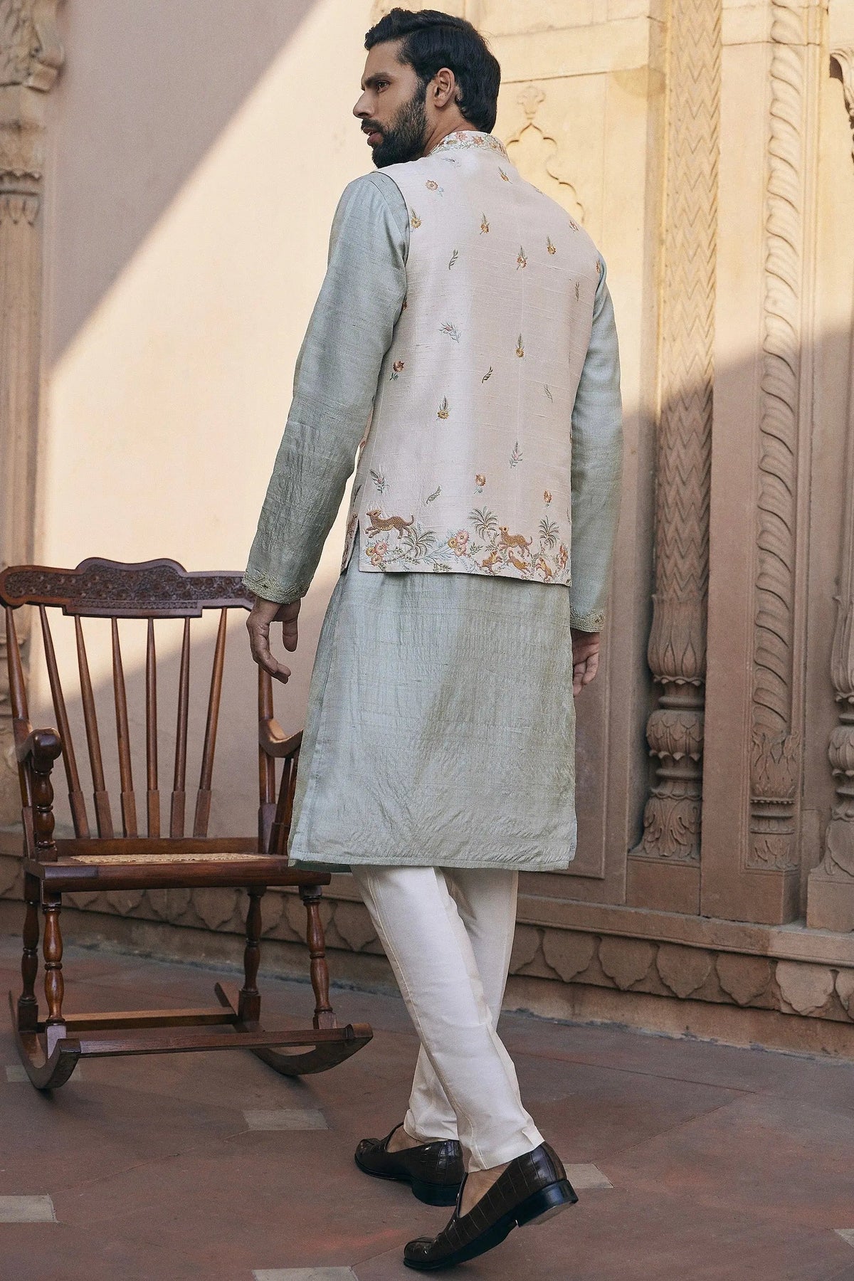 Green Silk Embroidered Bundi Set - Buy 