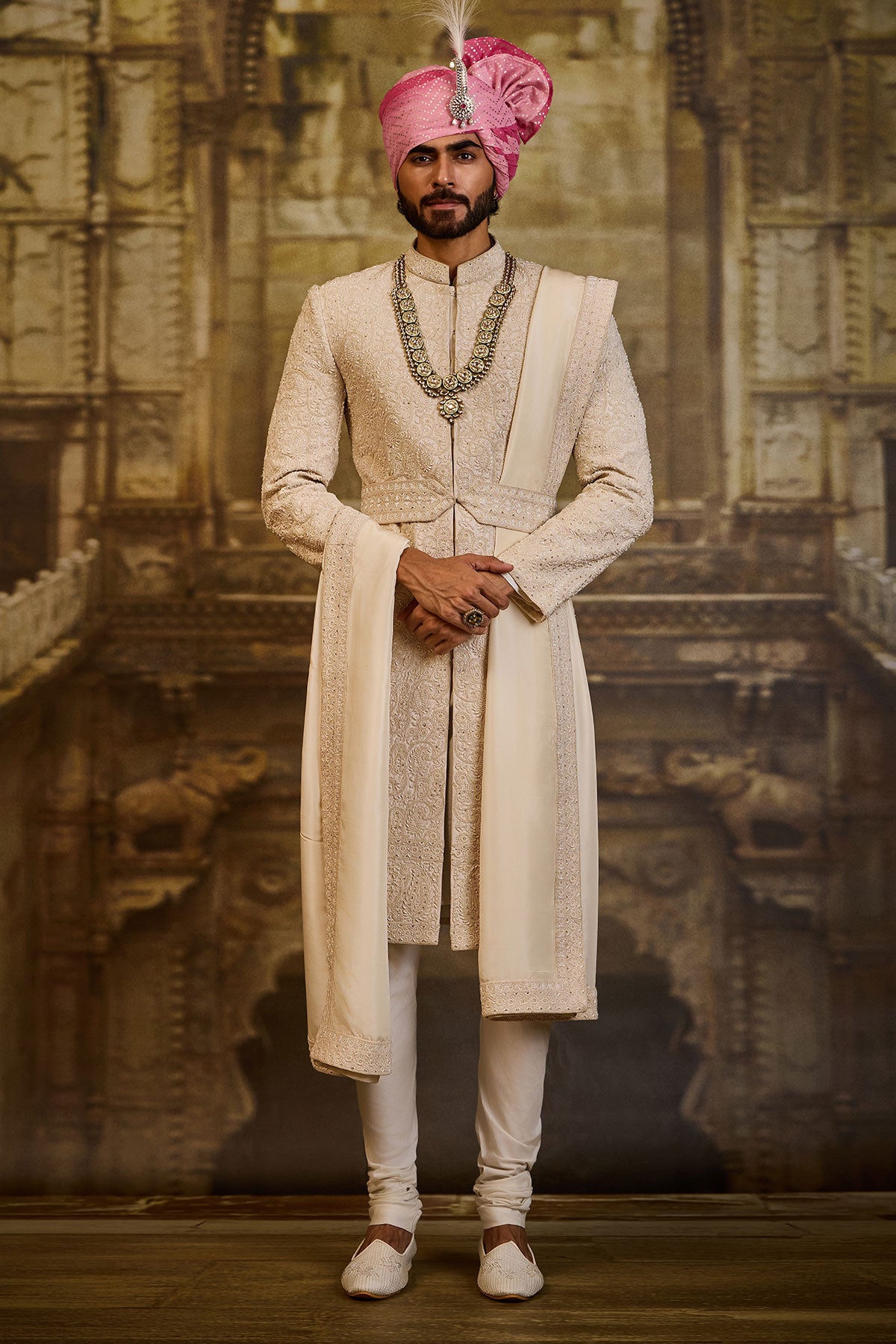 IVORY SHERWANI WITH KURTA AND CHURIDAR