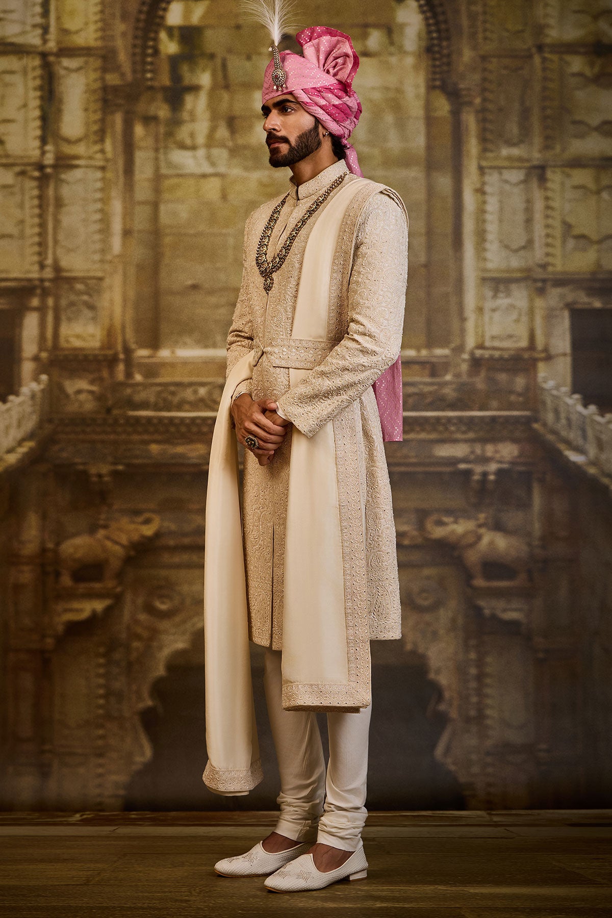 IVORY SHERWANI WITH KURTA AND CHURIDAR
