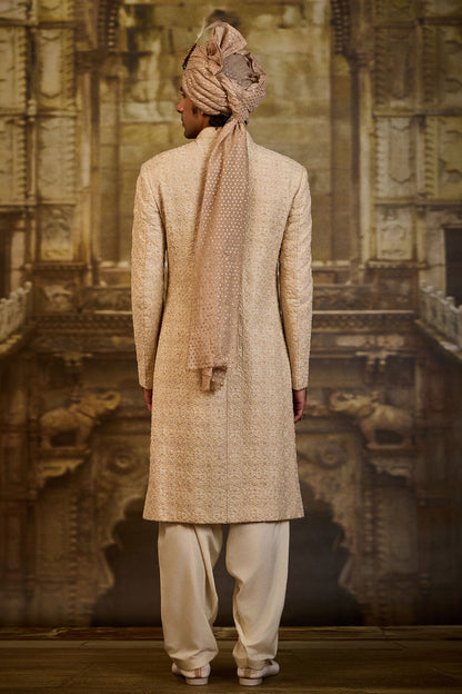 LIGHT BEIGE MORROCAN PATTERN EMBROIDERY SHERWANI SET