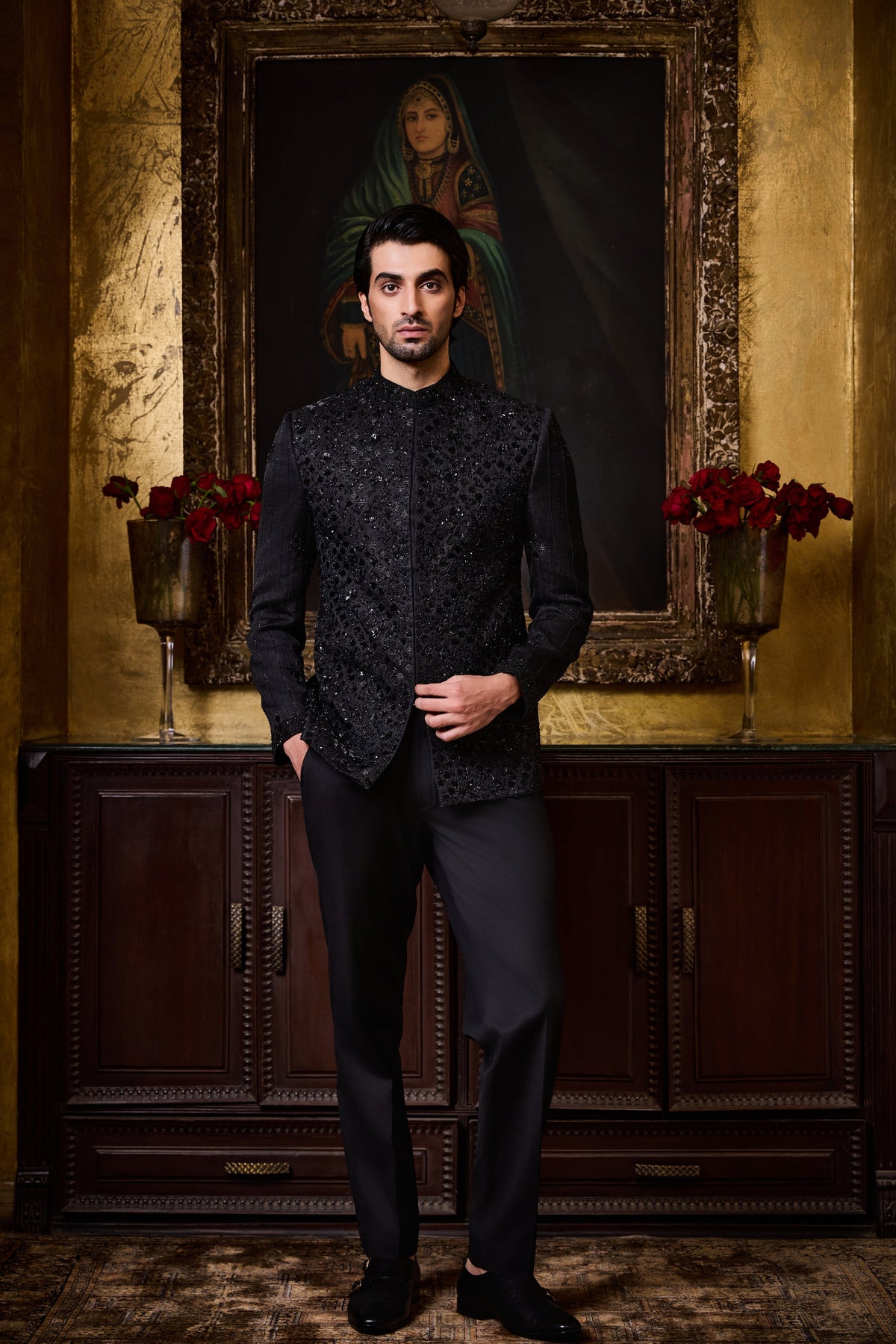 Black Jodhpuri Suit Floral Embroidery Set