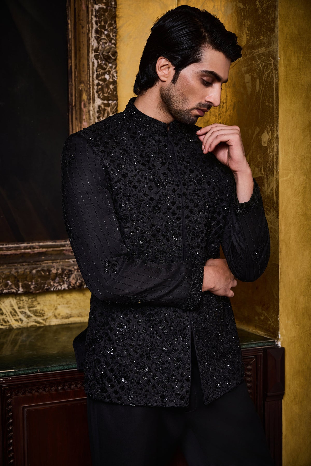 Black Jodhpuri Suit Floral Embroidery Set