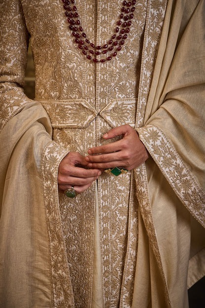 IVORY TAFFETA SHERWANI GOLD KIRAN DORI