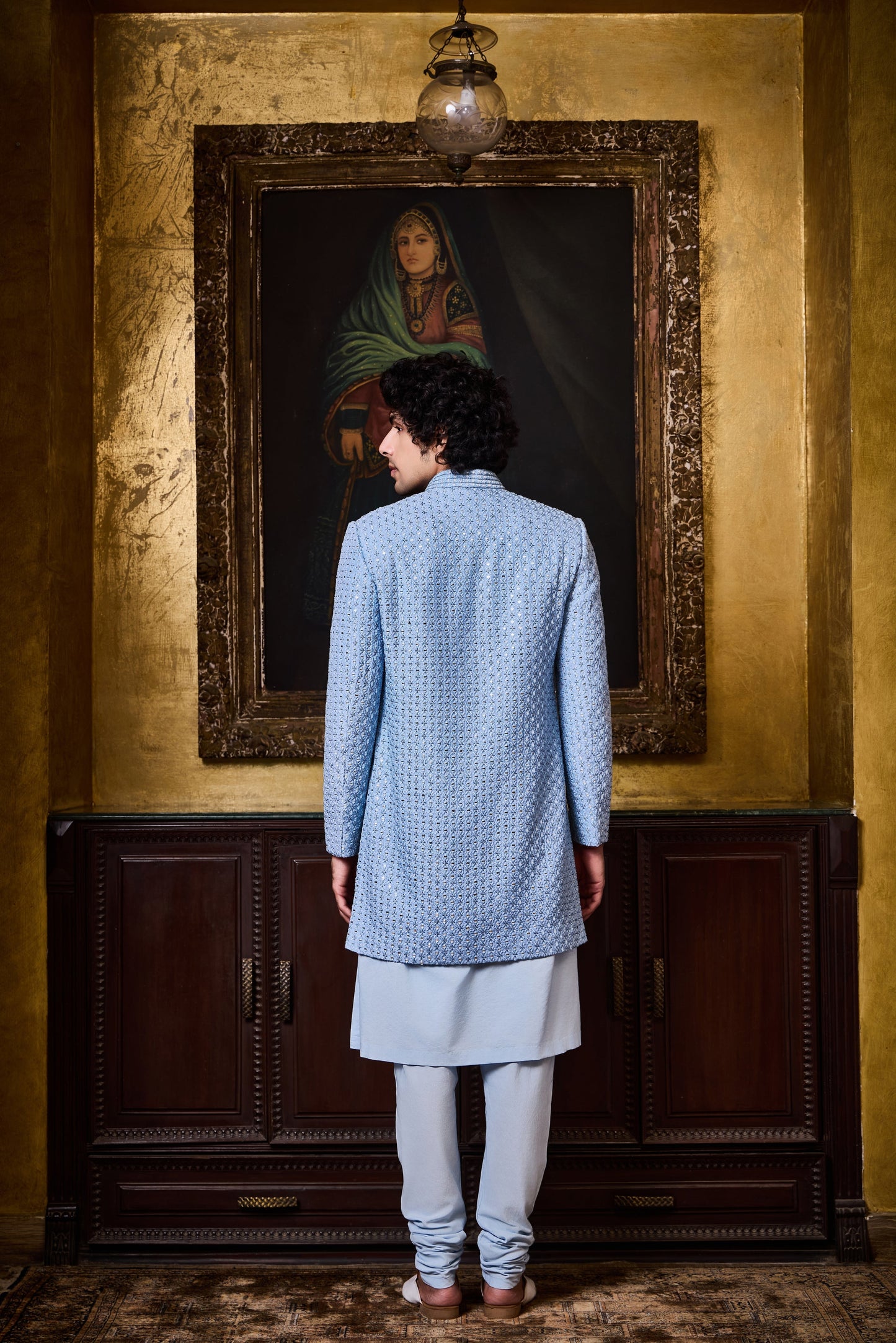 Sky Blue Short Sherwani Kurta Churidar Set