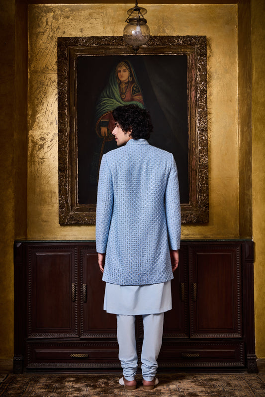Sky Blue Short Sherwani Kurta Churidar Set