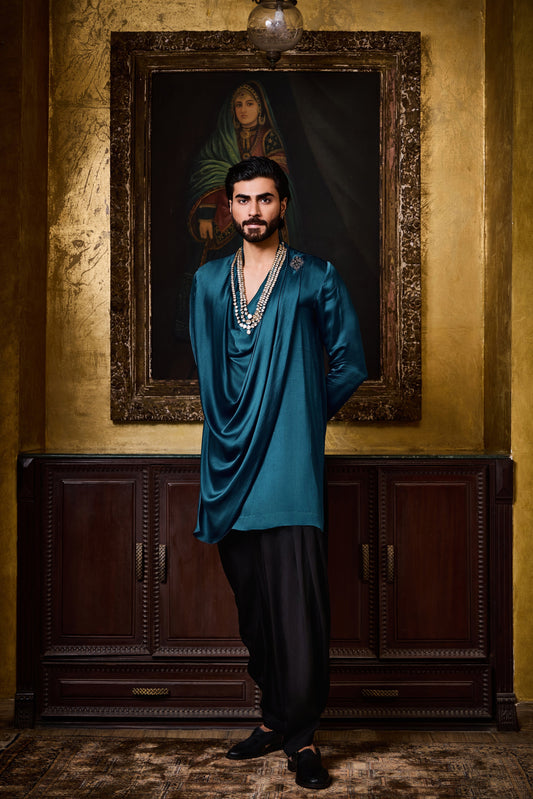 Deep Peacock Blue Draped Kurta Salwar Set