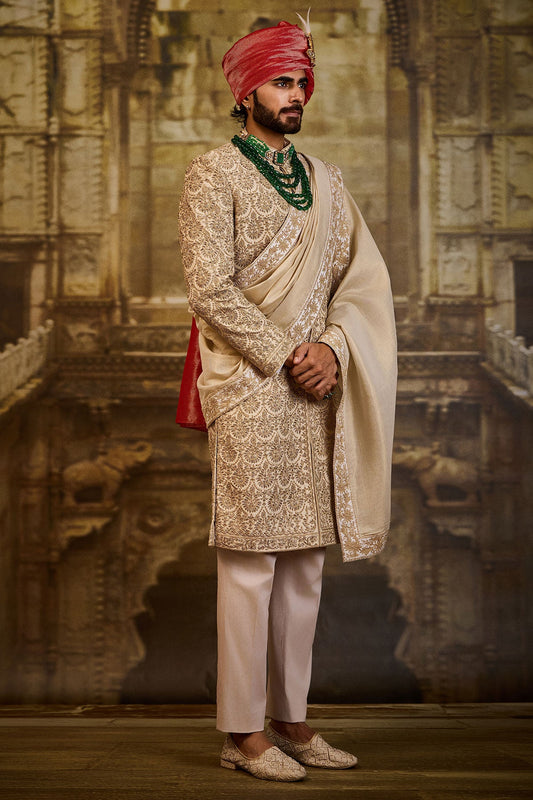 BLUSH RAW SILK SHERWANI BEIGE DORI WORK