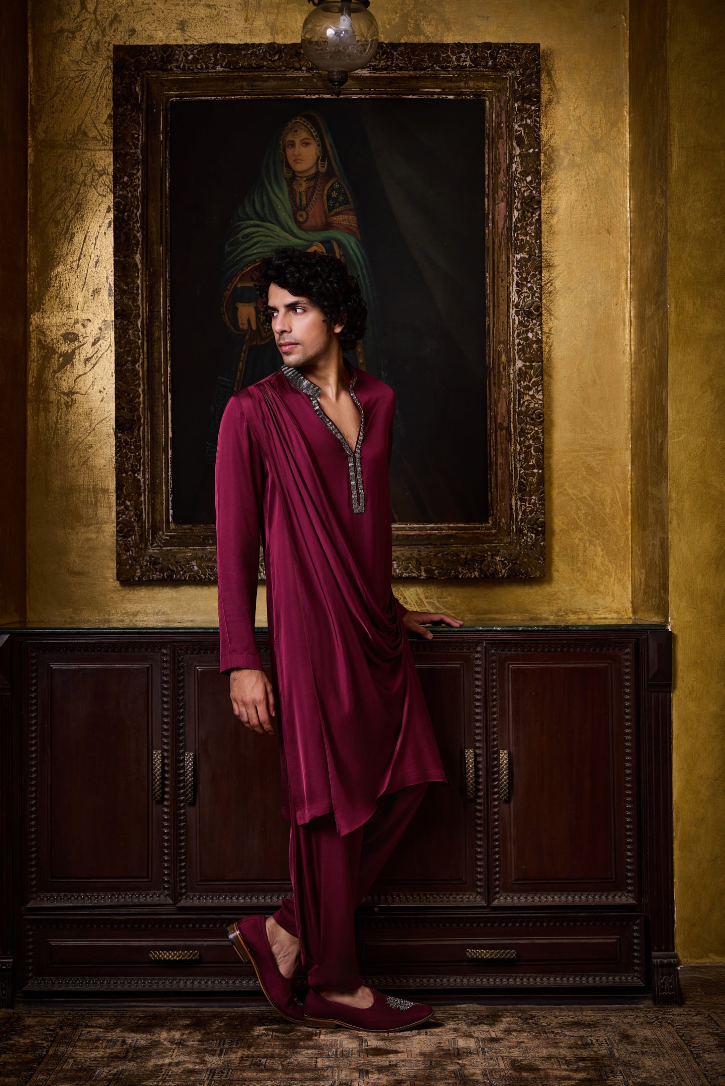 Burgundy Draped  Satin Kurta Cowled Salwar Set