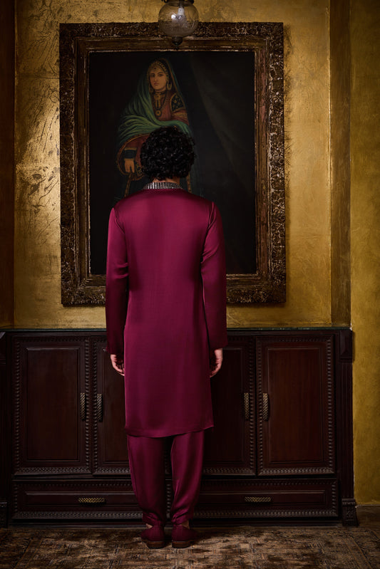 Burgundy Draped  Satin Kurta Cowled Salwar Set