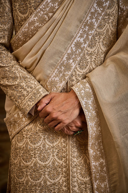 BLUSH RAW SILK SHERWANI BEIGE DORI WORK