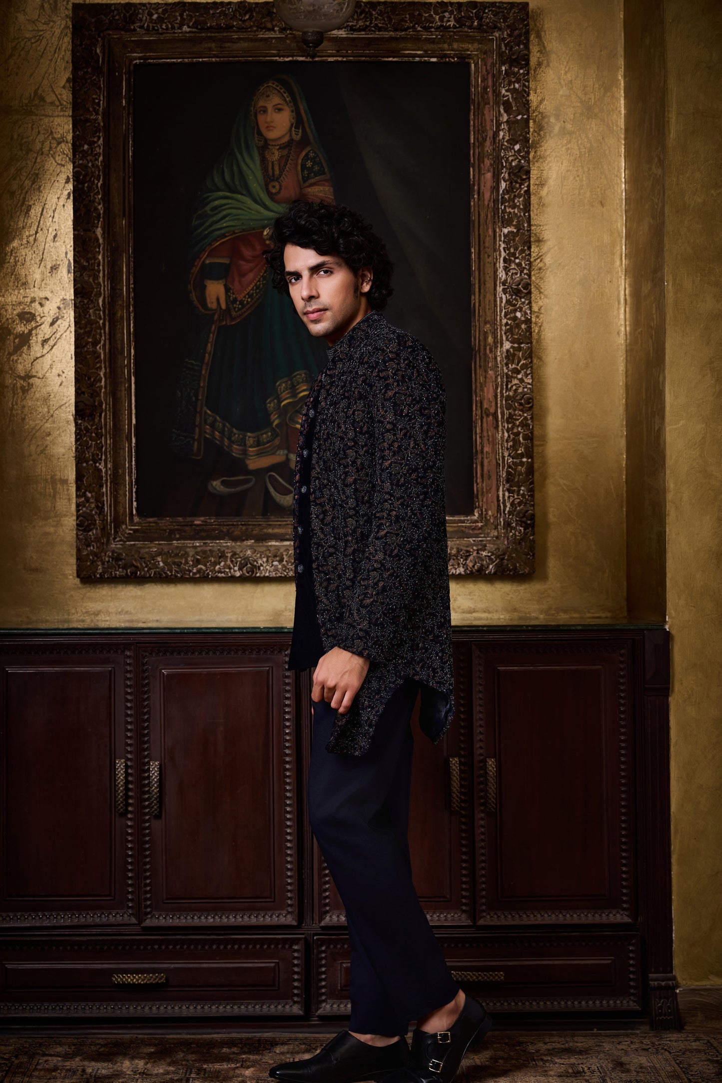 Blue Velvet Open Jacket With Vest Set