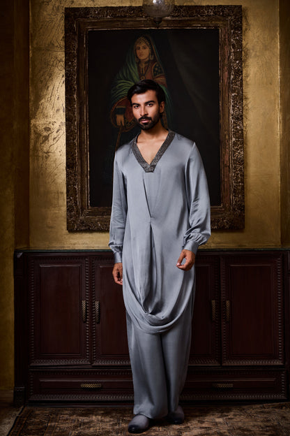 Grey Draped Kurta Farshi Pajama Set