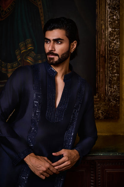 Navy Chanderi Kurta Churidar Set