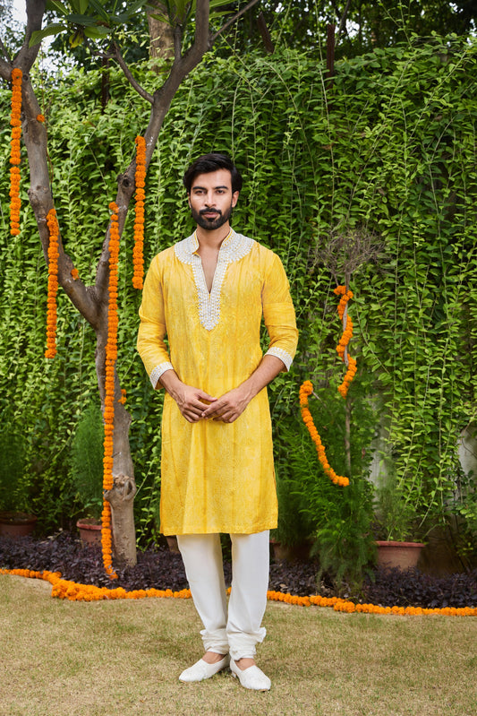 Yellow Shibori Silk Kurta Patiala Salwar Set