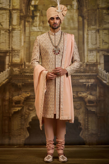 PEACH TWILL TISSUE BROCADE SHERWANI SET