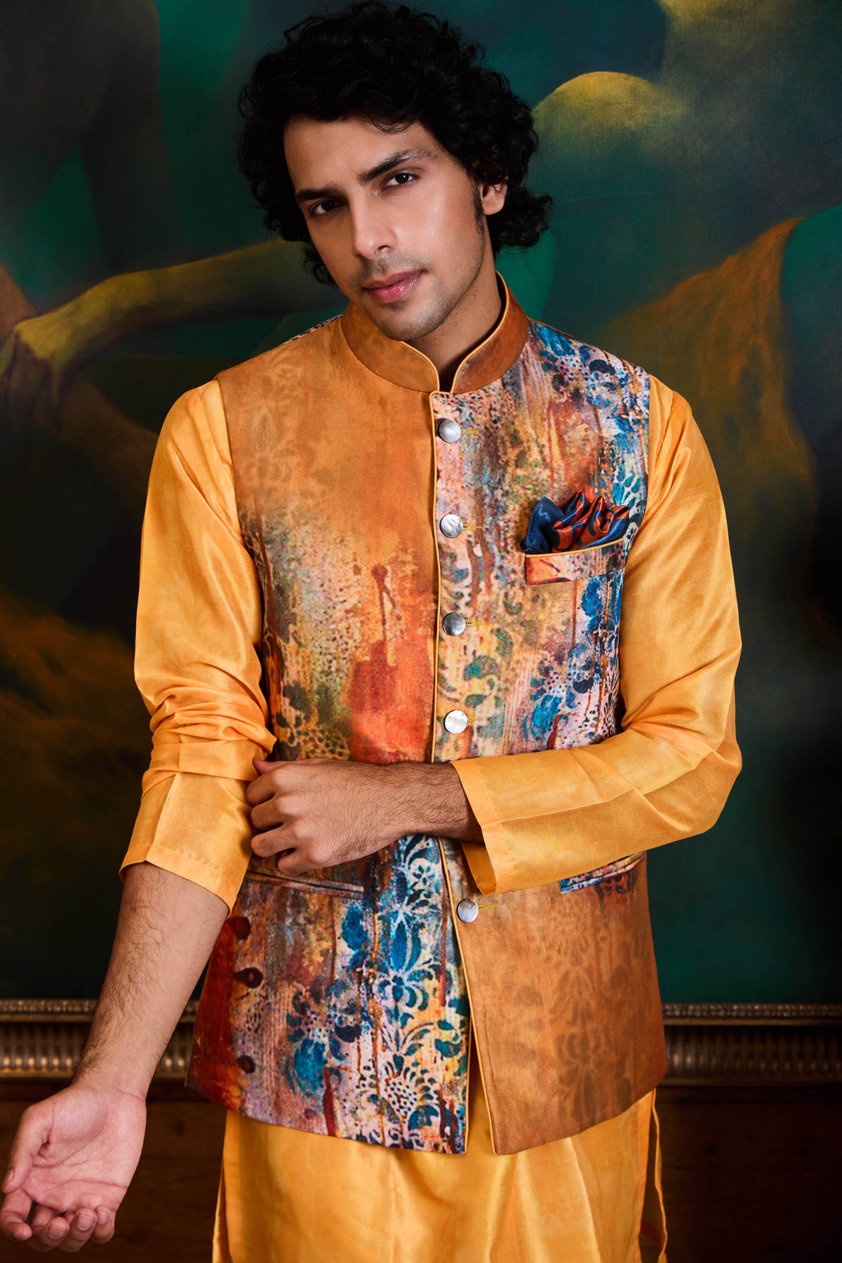 Mustard Yellow Printed Kurta Bundi Set