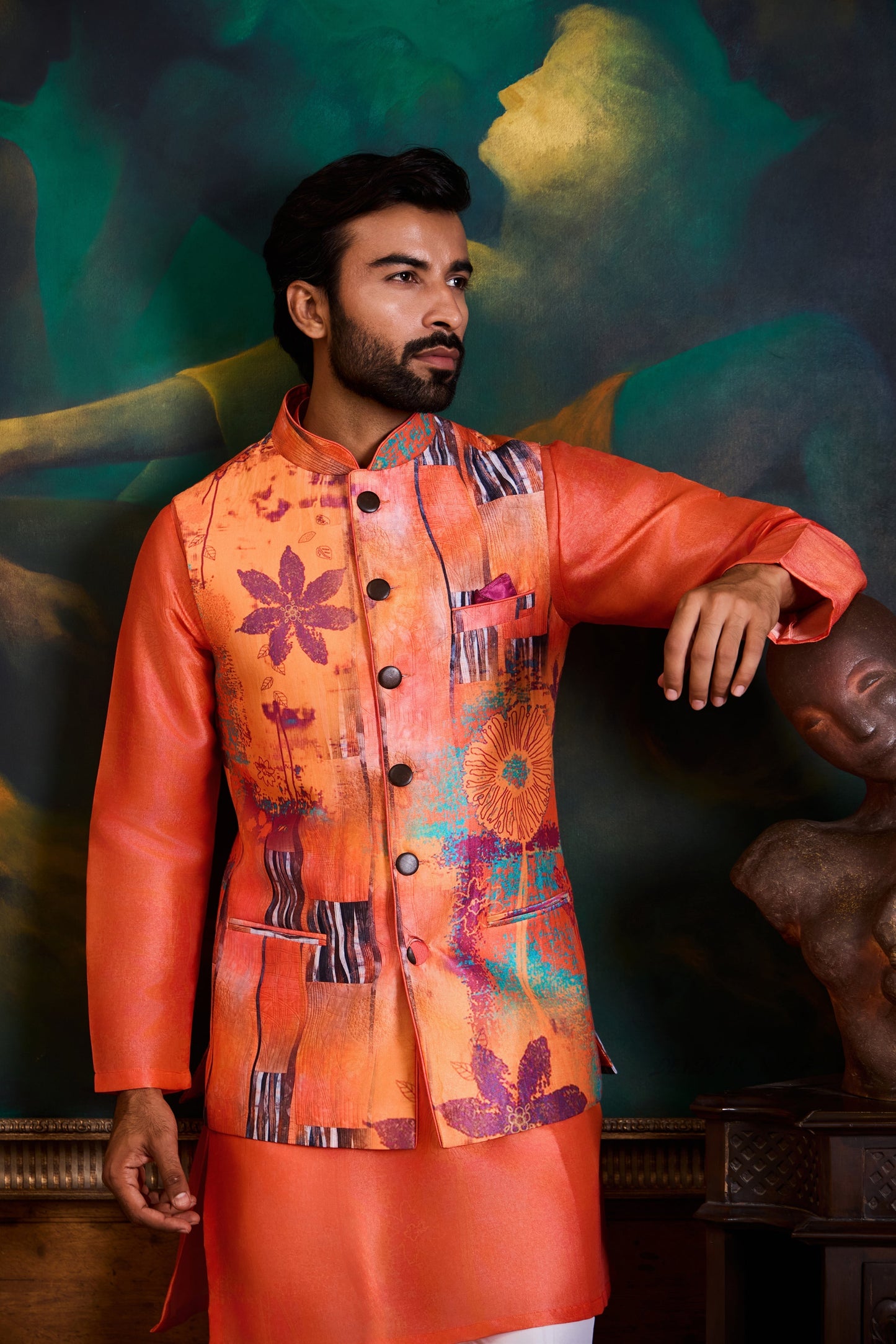 Peach Coral Printed Kurta Bundi Set
