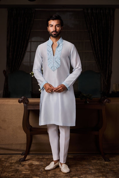 Powder Blue Chanderi Kurta Beadwork Set