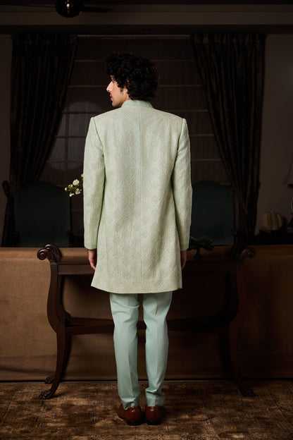 Mint Green Sherwani Jacket Kurta Trouser Set
