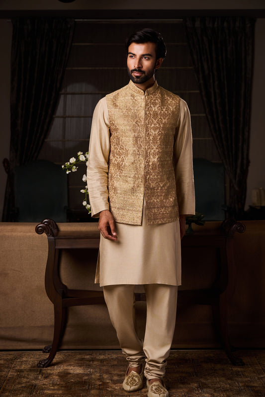 Beige Gicha Tussar Silk Bundi Zari Work Set